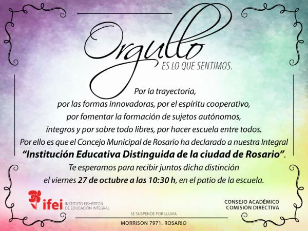La Fe.Sa.i.e.p felicita al Instituto Fisherton de Eduación Integral  por esta distinción  y destaca que es la primera escuela de gestión privada  en recibir esta mención. Felicitaciones!